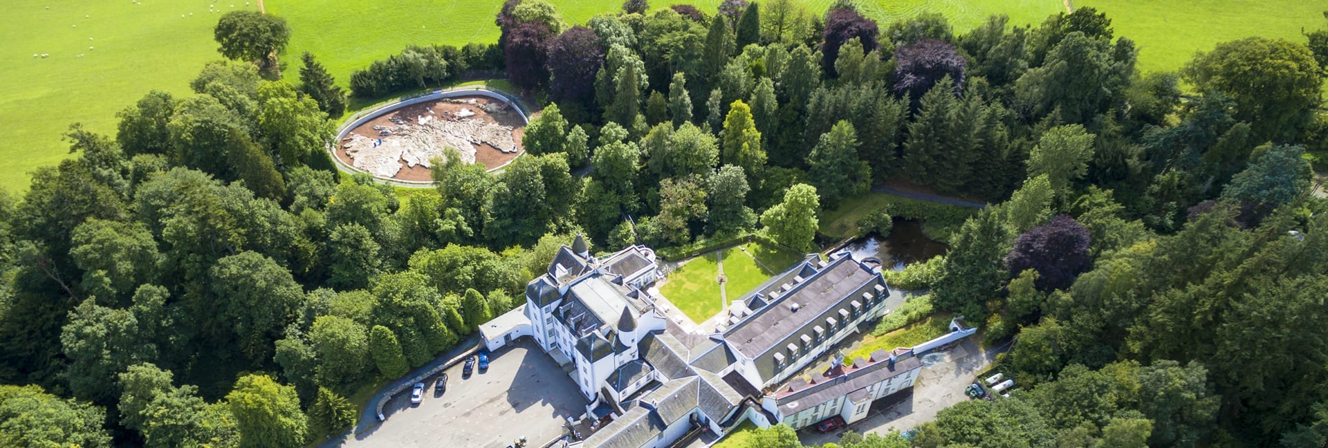 An aerial view of Barony Castle