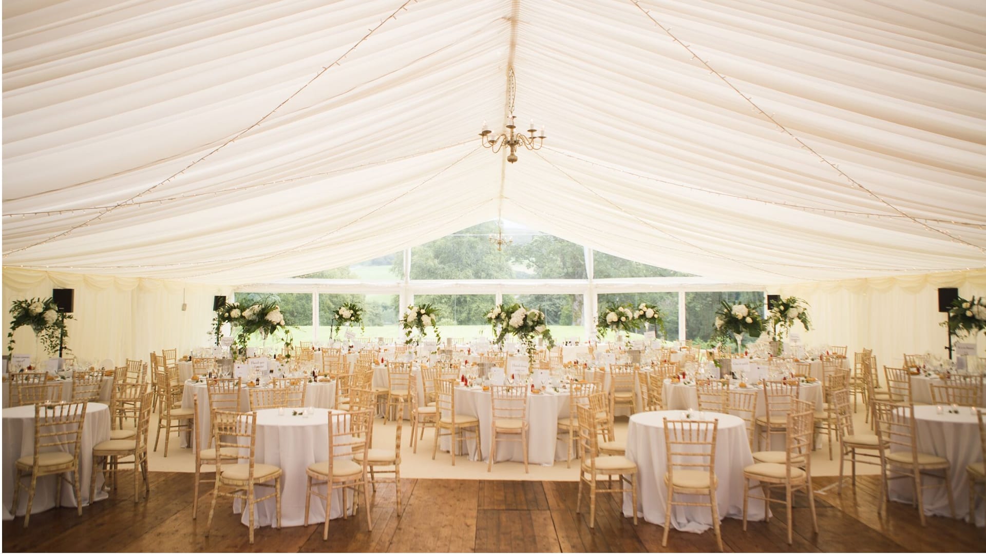 Marquee set up for wedding reception at Barony Castle